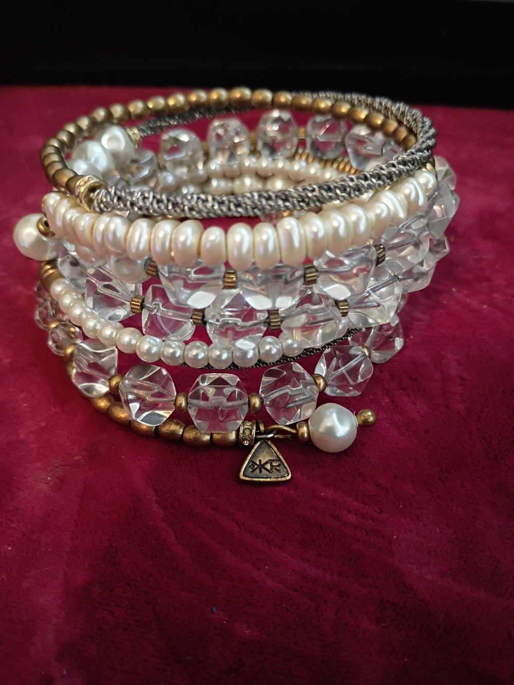 Silpada Clear Crystal & Pearl Multi-Strand Wrap Bracelet with Gold Accents